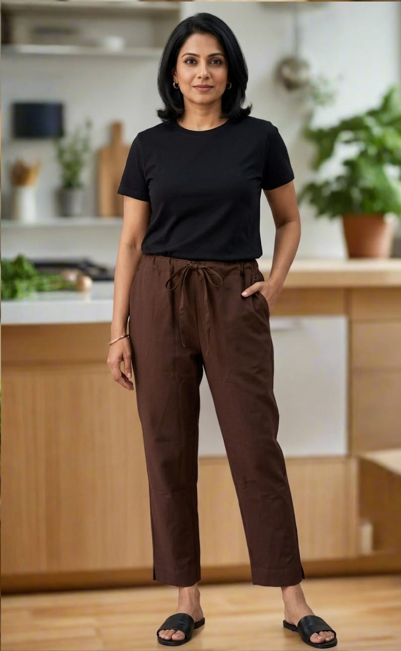Brown Straight Pants . Pure Cotton Fabric | Laces and Frills