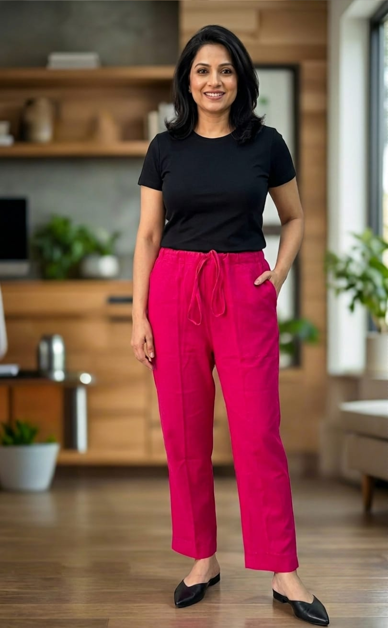 Rani Pink Straight Pants . Pure Cotton Fabric | Laces and Frills