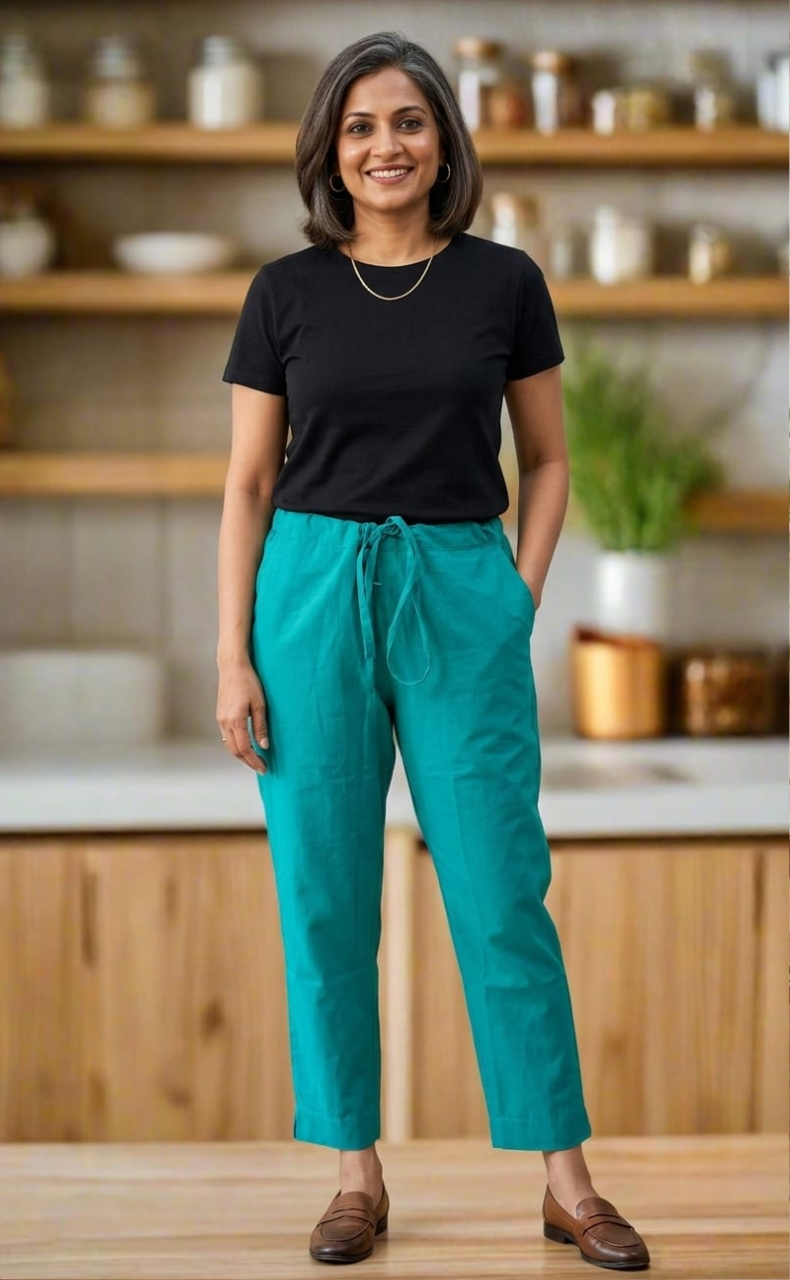 Turquoise Blue Straight Pants . Pure Cotton Fabric | Laces and Frills