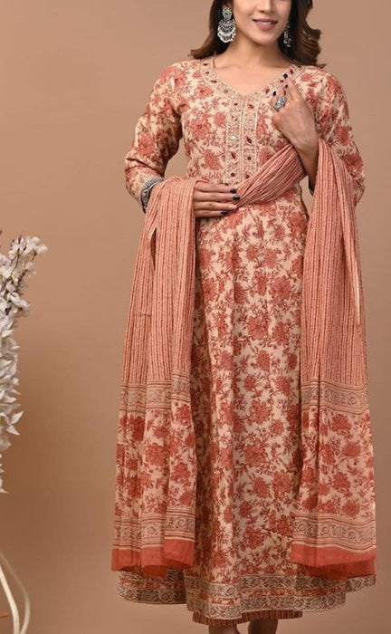Off White/Peach  Floral Anarkali Kurti With Pant And Dupatta Set. Pure Versatile Cotton. | Laces and Frills - Laces and Frills