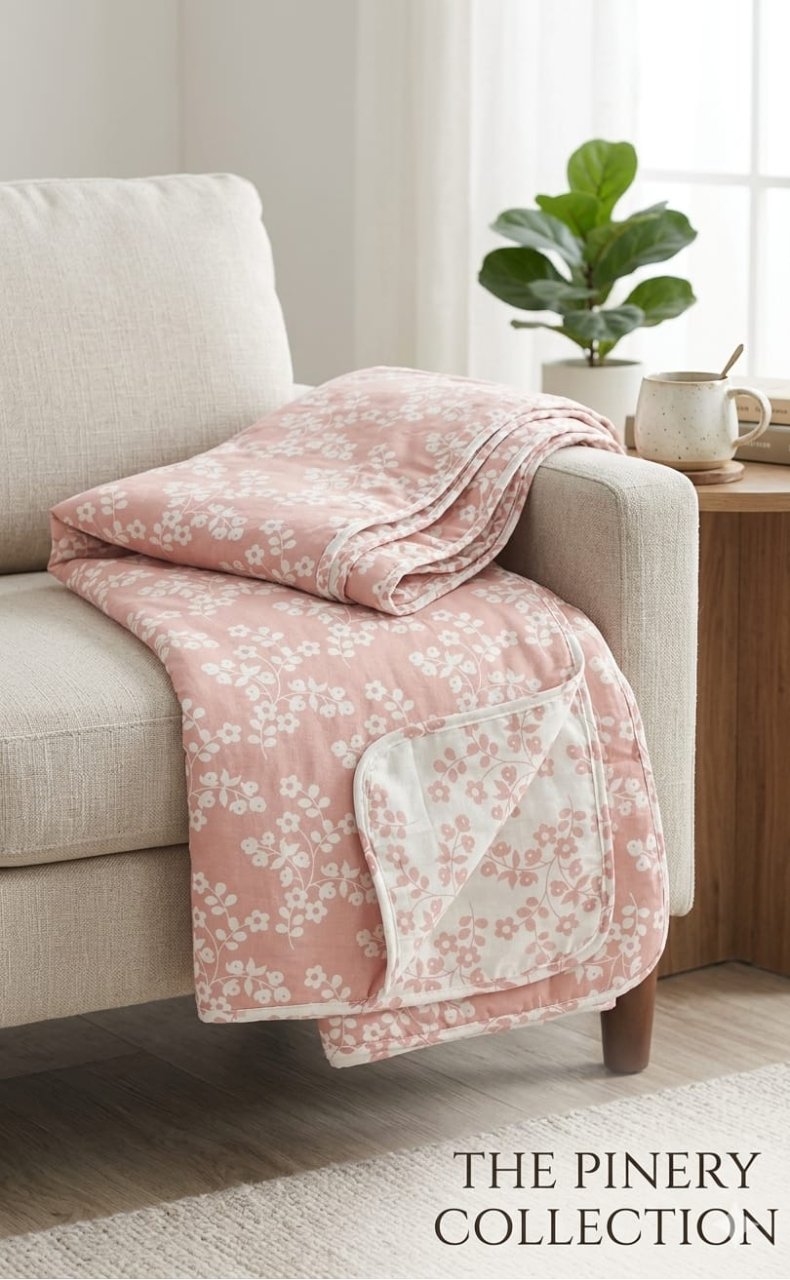 Blanket | Dohar. Peach/White Flora, Soft & Cozy. One Double bed Reversible | Laces and Frills - Laces and Frills