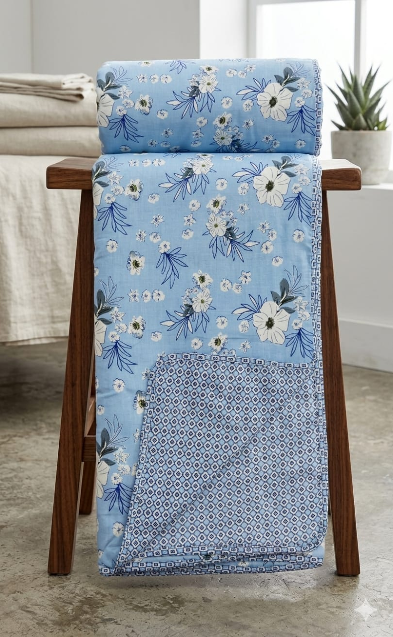 Blanket | Dohar. Blue Flora, Soft & Cozy. One Double bed Reversible | Laces and Frills - Laces and Frills