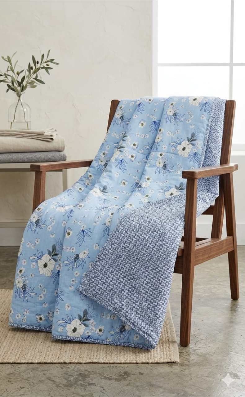 Blanket | Dohar. Blue Flora, Soft & Cozy. One Double bed Reversible | Laces and Frills - Laces and Frills