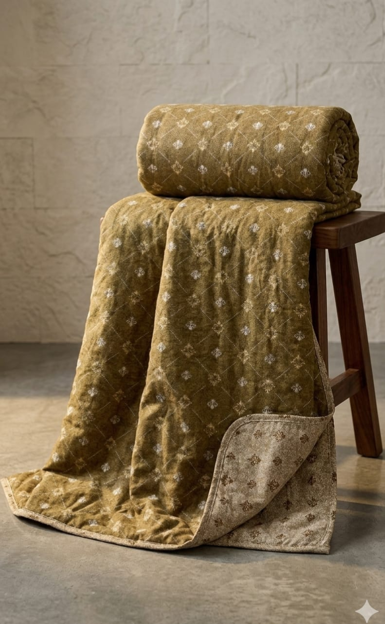 Blanket | Dohar. Mustard Ethnic Print, Soft & Cozy. One Double bed Reversible | Laces and Frills - Laces and Frills