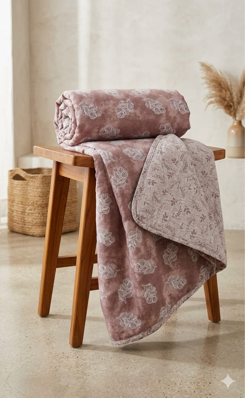 Blanket | Dohar. English Pink Leafy, Soft & Cozy. One Double bed Reversible | Laces and Frills - Laces and Frills