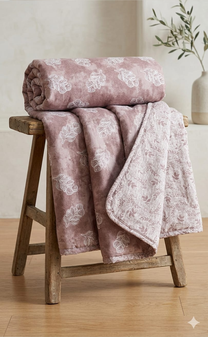 Blanket | Dohar. English Pink Leafy, Soft & Cozy. One Double bed Reversible | Laces and Frills - Laces and Frills