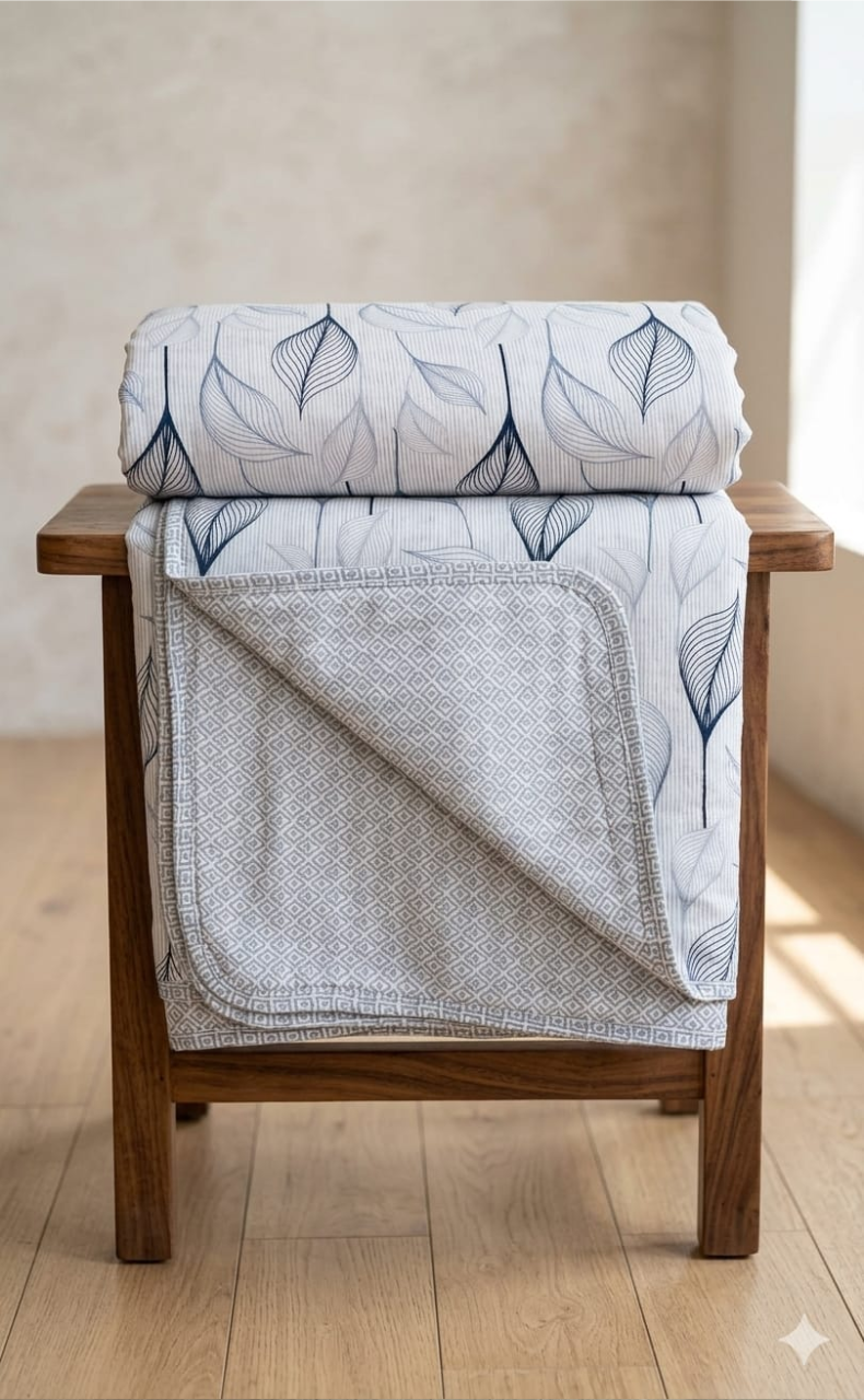 Blanket | Dohar. Blue Leafy, Soft & Cozy. One Double bed Reversible | Laces and Frills - Laces and Frills