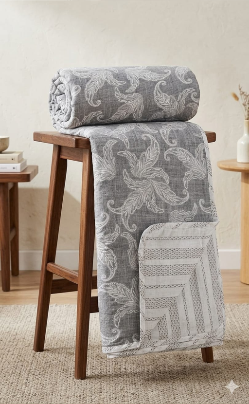 Blanket | Dohar. Grey Leafy, Soft & Cozy. One Double bed Reversible | Laces and Frills - Laces and Frills