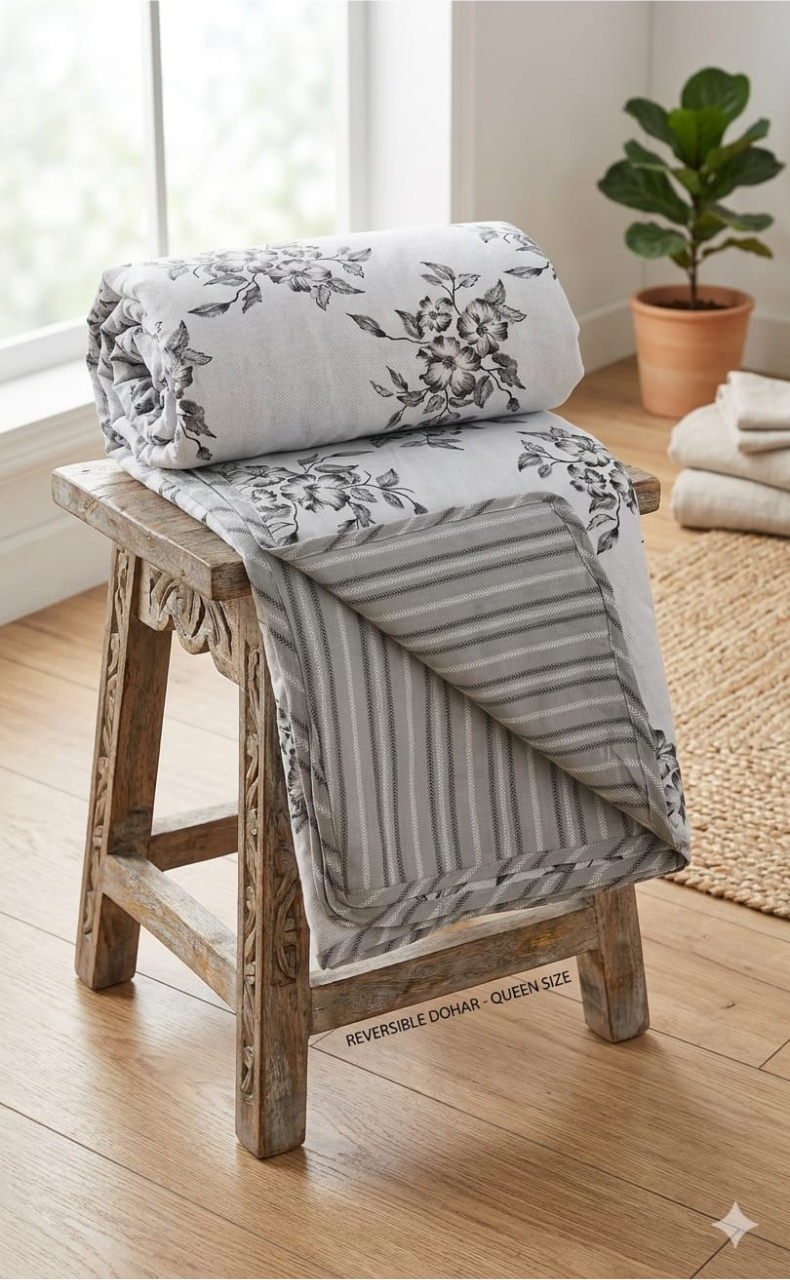 Blanket | Dohar. Grey Garden, Soft & Cozy. One Double bed Reversible | Laces and Frills - Laces and Frills
