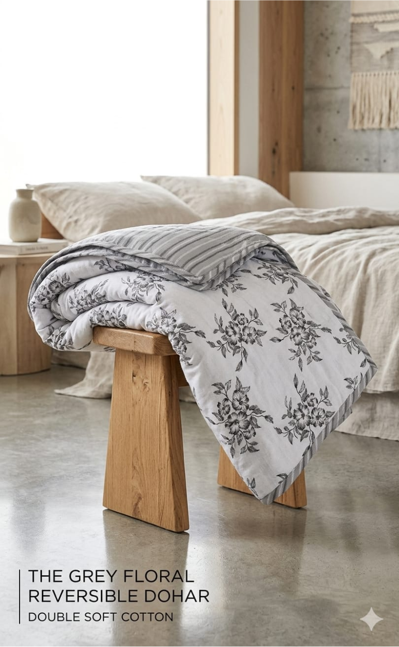 Blanket | Dohar. Grey Garden, Soft & Cozy. One Double bed Reversible | Laces and Frills - Laces and Frills
