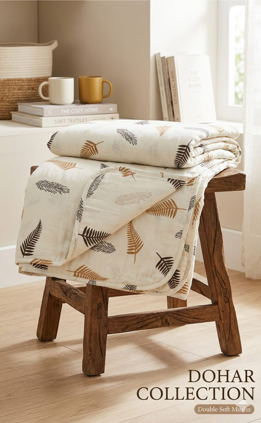 Off White/Mustard Blanket | Dohar. Leaves Soft & Cozy. One Double bed Reversible | Laces and Frills - Laces and Frills