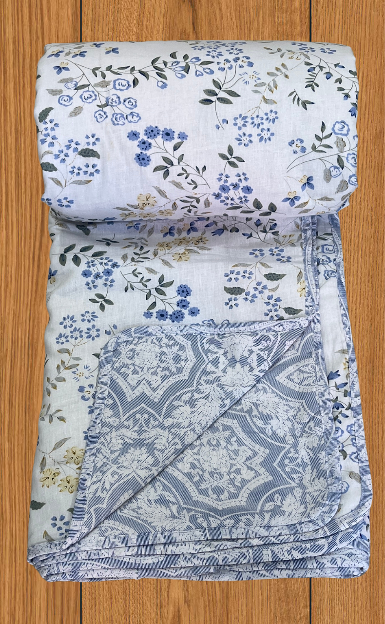 Blanket | Dohar. Blue Garden, Soft & Cozy. One Double bed Reversible | Laces and Frills