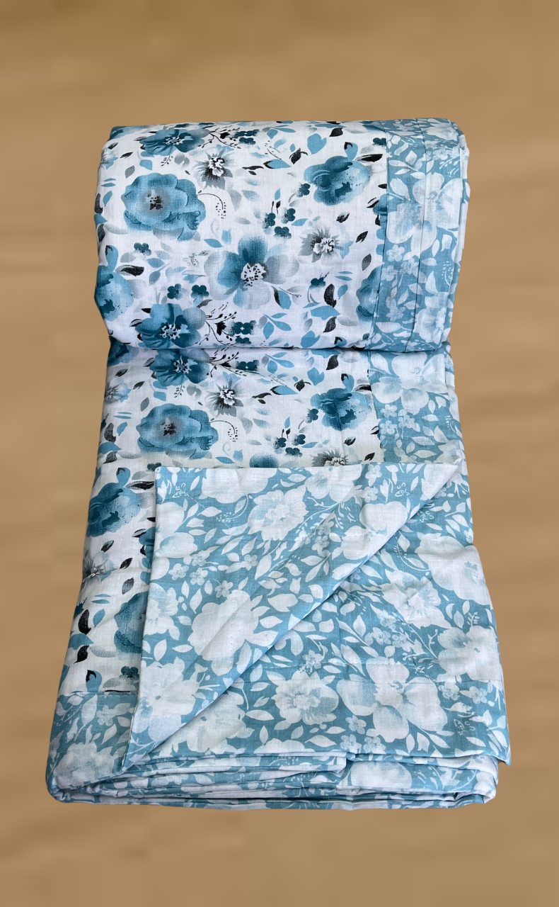 Blanket | Dohar. Sky Blue Garden, Soft & Cozy. One Double bed Reversible | Laces and Frills (Copy)