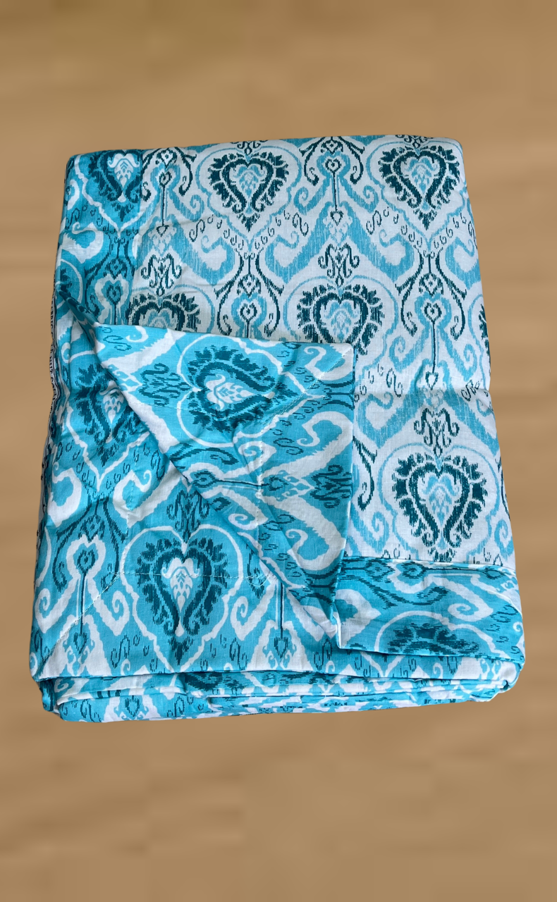 Blanket | Dohar. Sea Green Ikat, Soft & Cozy. One Double bed Reversible | Laces and Frills
