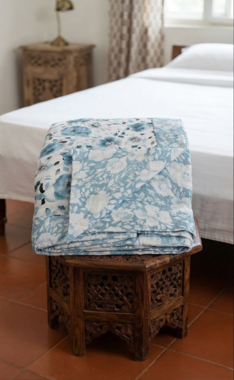 Blanket | Dohar. Sky Blue Garden, Soft & Cozy. One Double bed Reversible | Laces and Frills