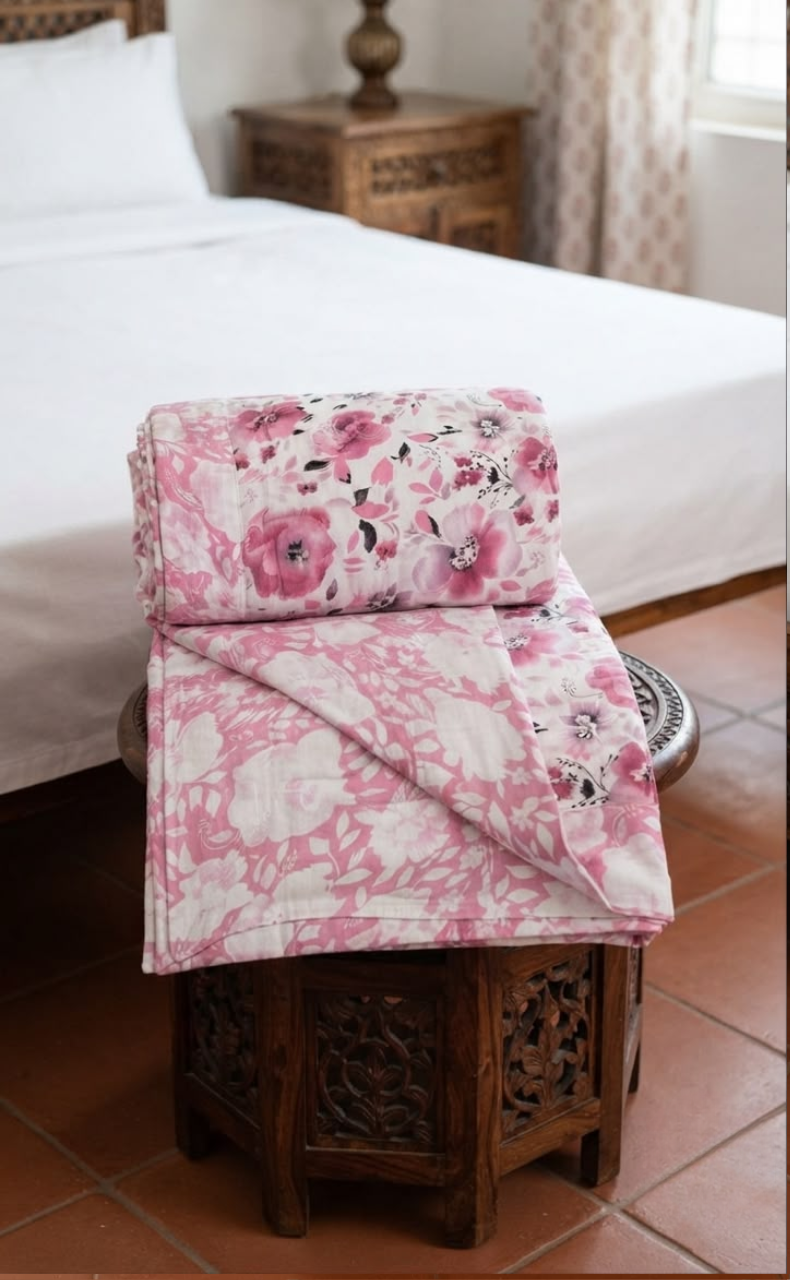 Blanket | Dohar. Pink Garden, Soft & Cozy. One Double bed Reversible | Laces and Frills