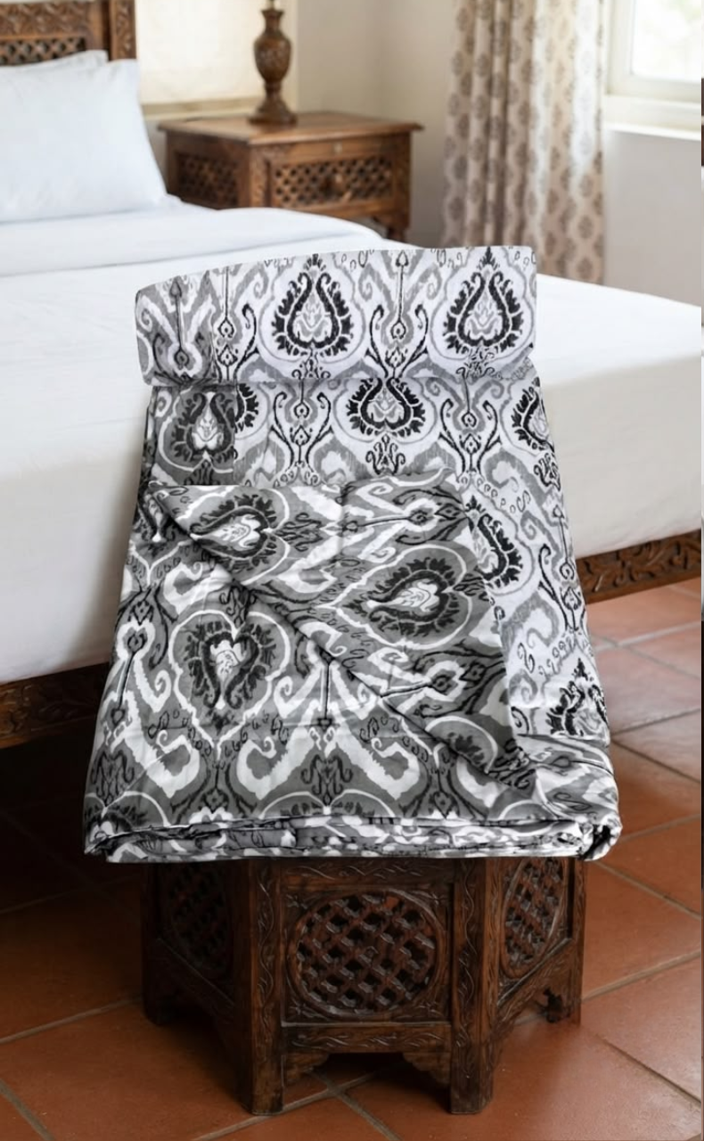 Blanket | Dohar. Grey Ikat, Soft & Cozy. One Double bed Reversible | Laces and Frills