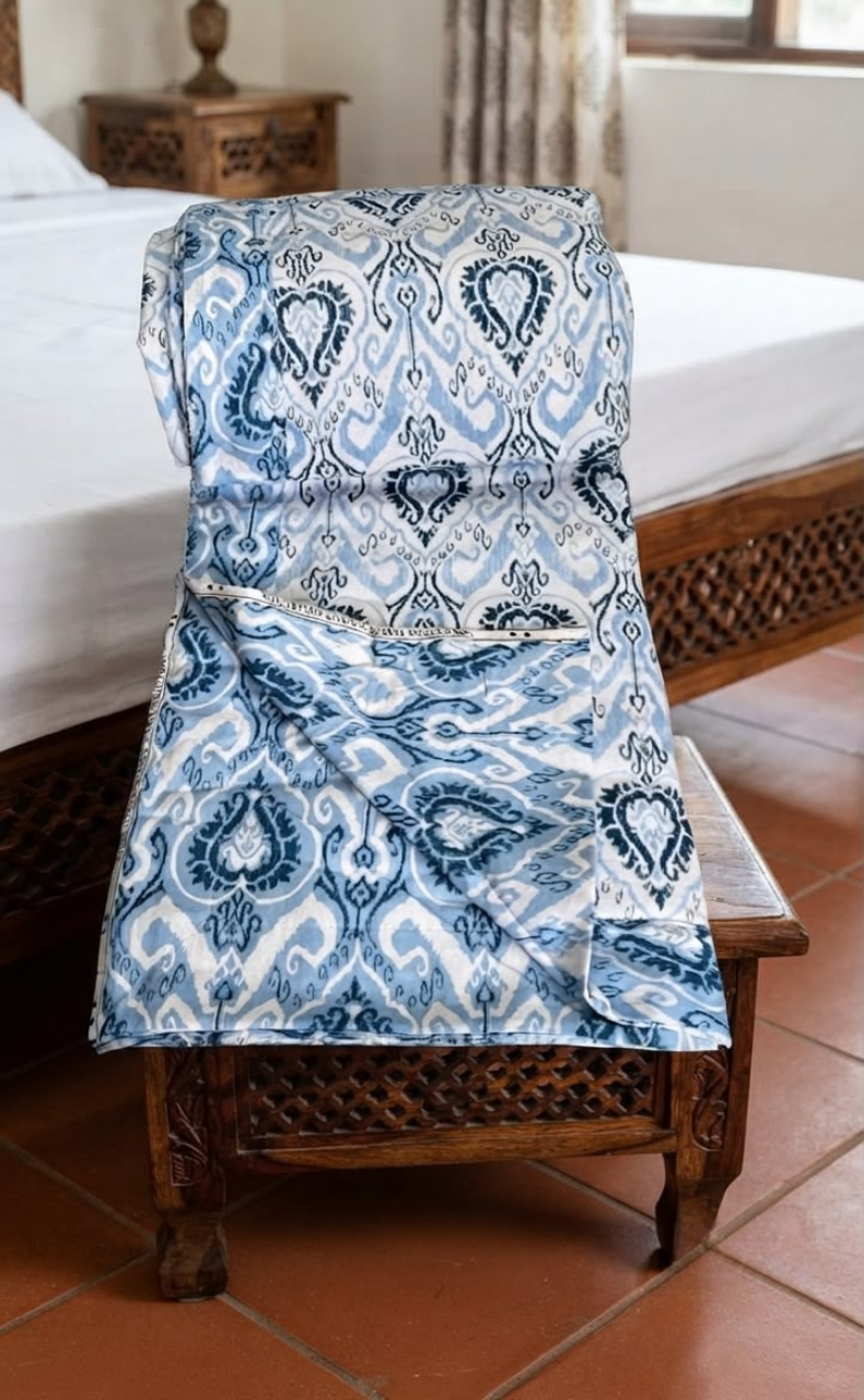 Blanket | Dohar. Blue Ikat, Soft & Cozy. One Double bed Reversible | Laces and Frills