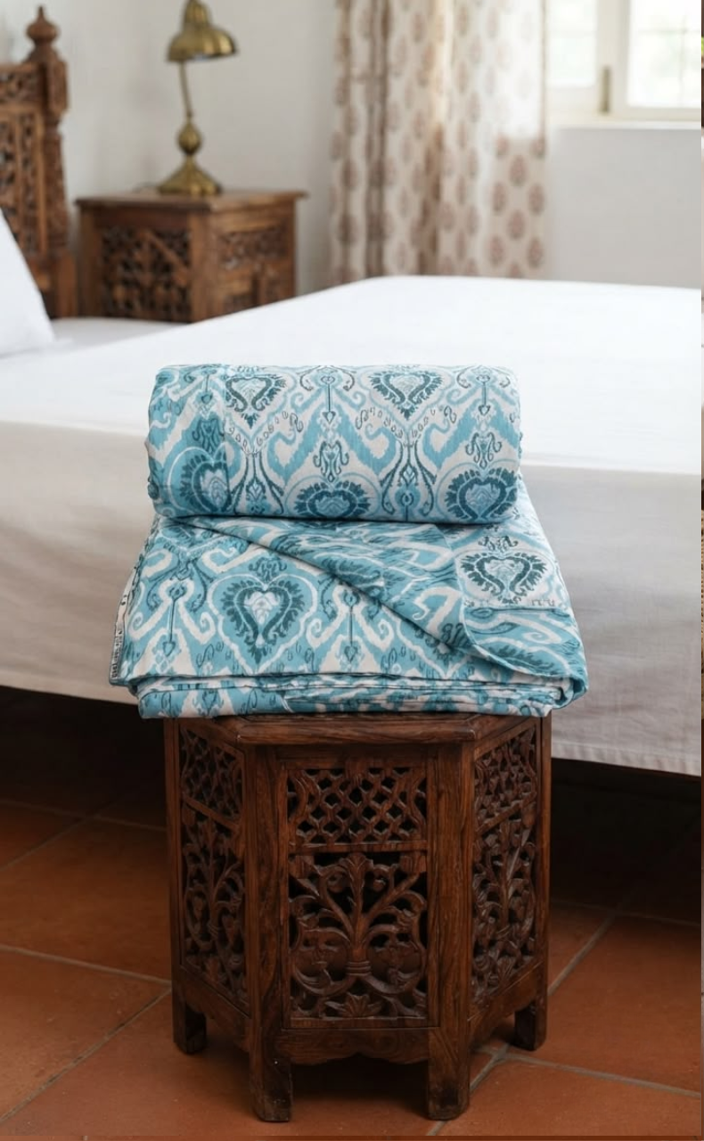Blanket | Dohar. Sea Green Ikat, Soft & Cozy. One Double bed Reversible | Laces and Frills