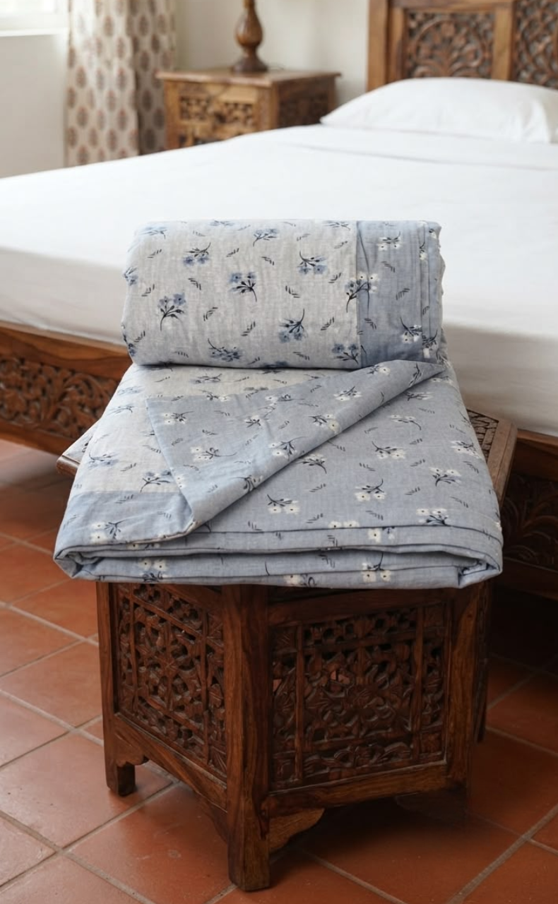 Blanket | Dohar. Blue Tiny Floral, Soft & Cozy. One Double bed Reversible | Laces and Frills