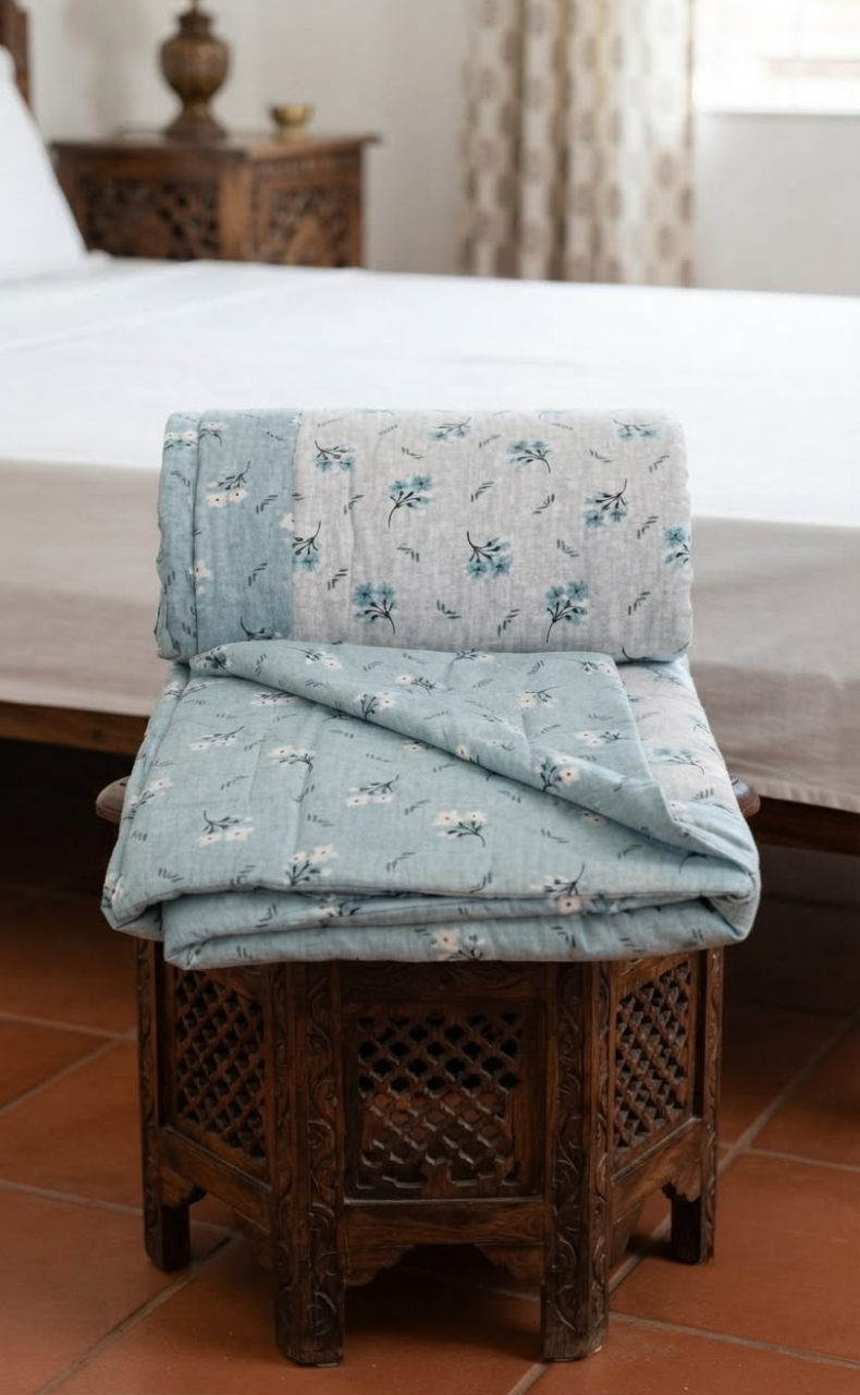 Blanket | Dohar. Sea Green Tiny Floral, Soft & Cozy. One Double bed Reversible | Laces and Frills
