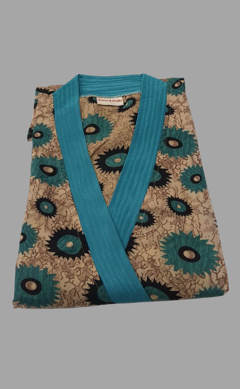 Beige/Sea Green Flora House Coat Set. Soft Breathable Fabric | Laces and Frills - Laces and Frills