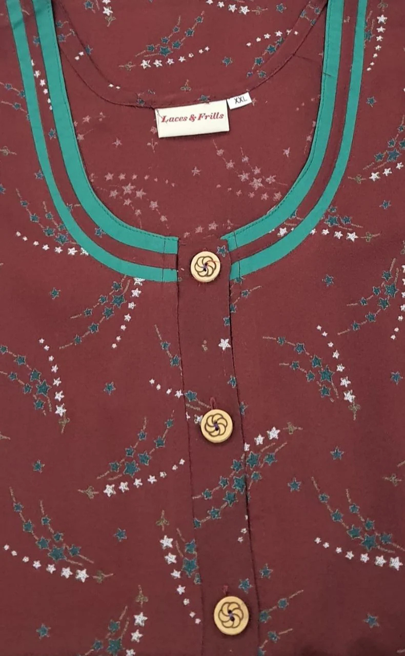 Rust Maroon Stars Spun Nighty. Flowy Spun Fabric | Laces and Frills - Laces and Frills