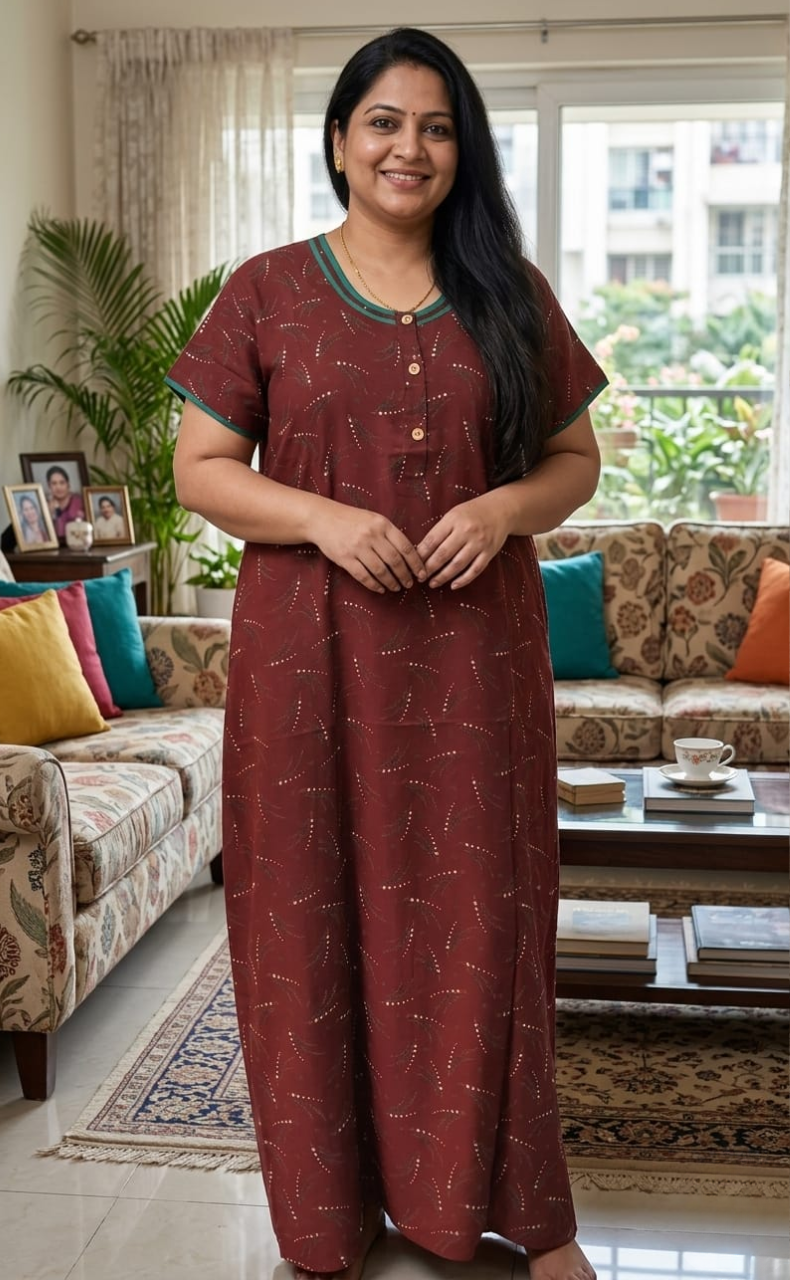 Rust Maroon Stars Spun Nighty. Flowy Spun Fabric | Laces and Frills
