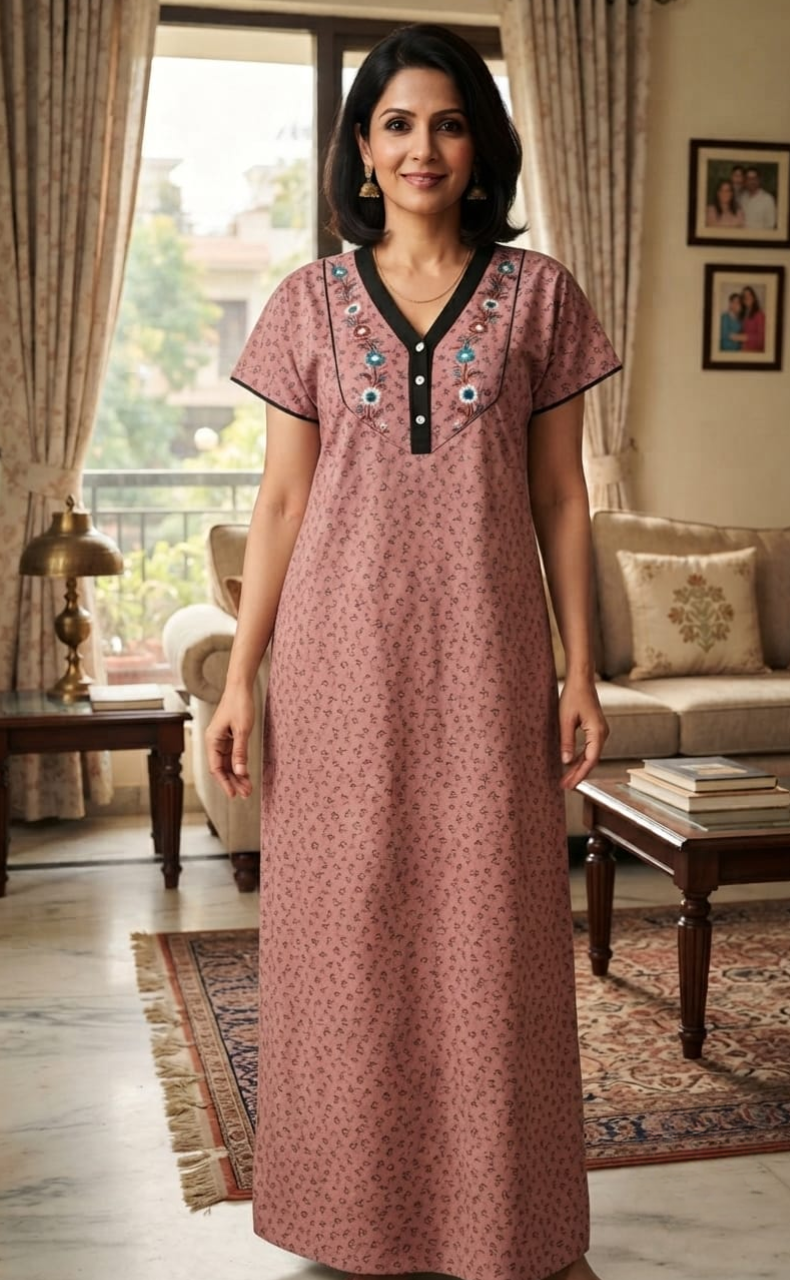 Pink Tiny Floral Soft Cotton Nighty. Soft Breathable Fabric | Laces and Frills
