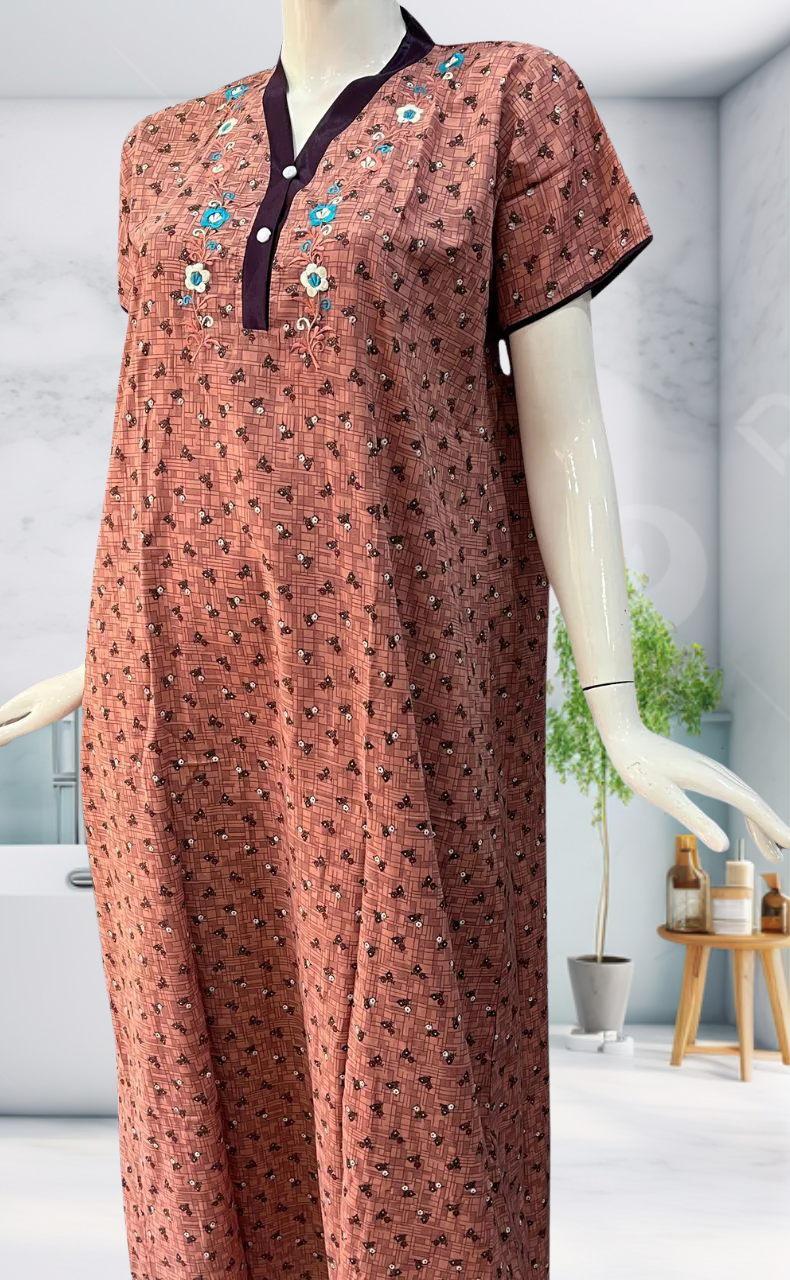 Peach Tiny Flora Soft Cotton Nighty. Soft Breathable Fabric | Laces and Frills - Laces and Frills