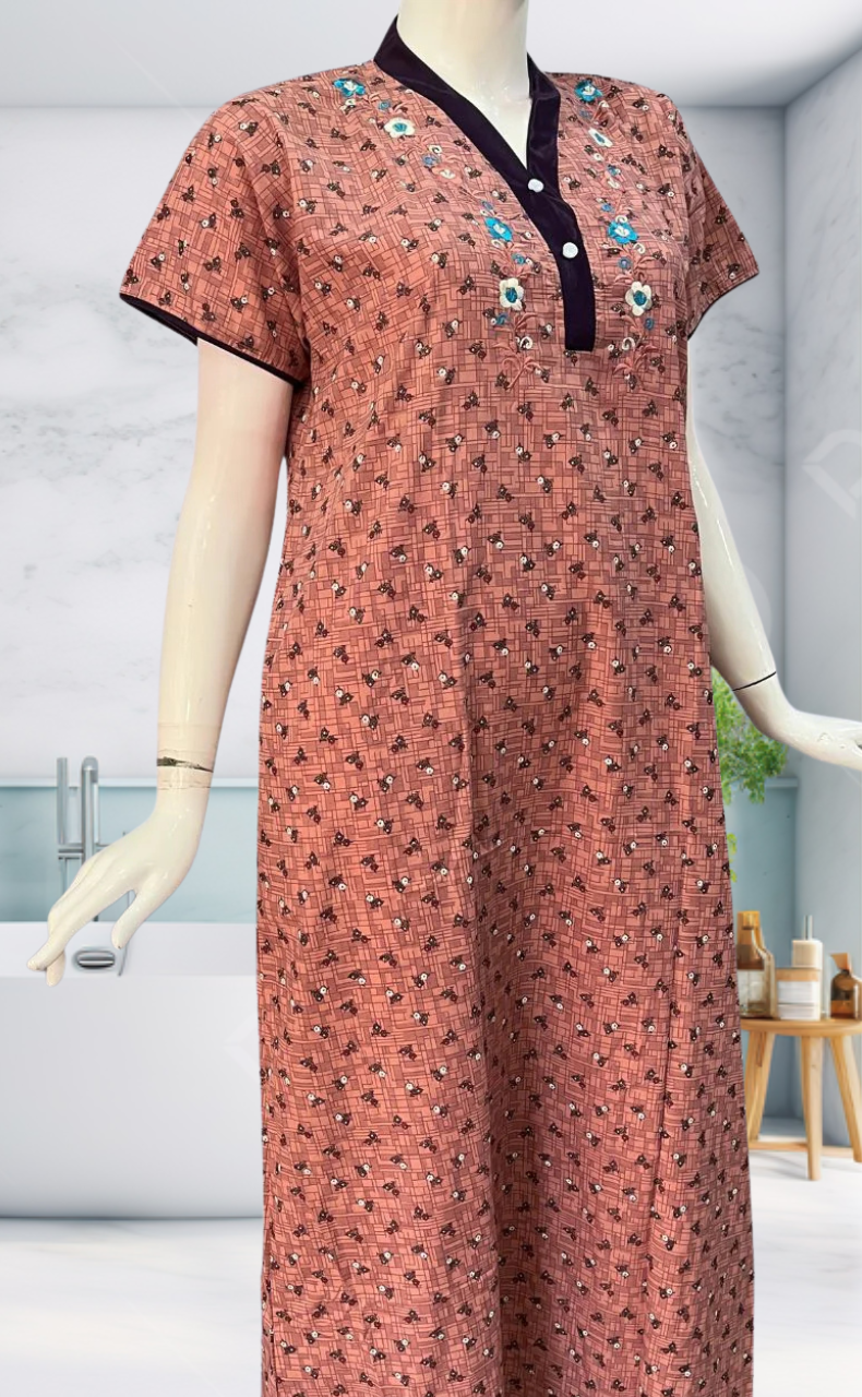 Peach Tiny Flora Soft Cotton Nighty. Soft Breathable Fabric | Laces and Frills - Laces and Frills