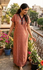 Peach Tiny Flora Soft Cotton Nighty. Soft Breathable Fabric | Laces and Frills - Laces and Frills