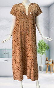 Beige Tiny Flora Soft Cotton Nighty. Soft Breathable Fabric | Laces and Frills - Laces and Frills