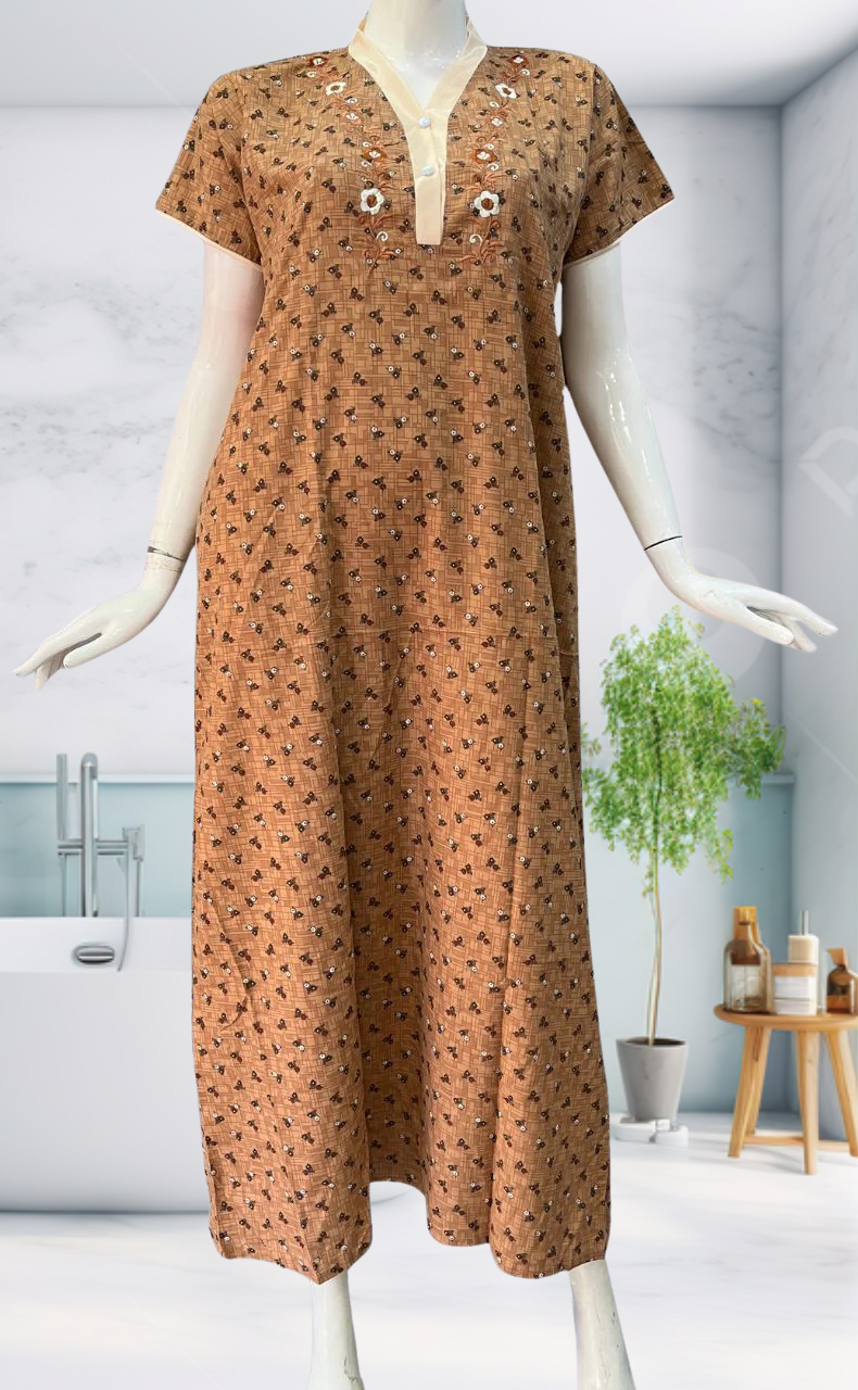 Beige Tiny Flora Soft Cotton Nighty. Soft Breathable Fabric | Laces and Frills - Laces and Frills