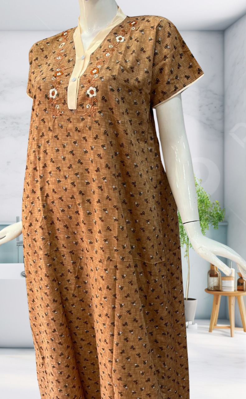 Beige Tiny Flora Soft Cotton Nighty. Soft Breathable Fabric | Laces and Frills - Laces and Frills