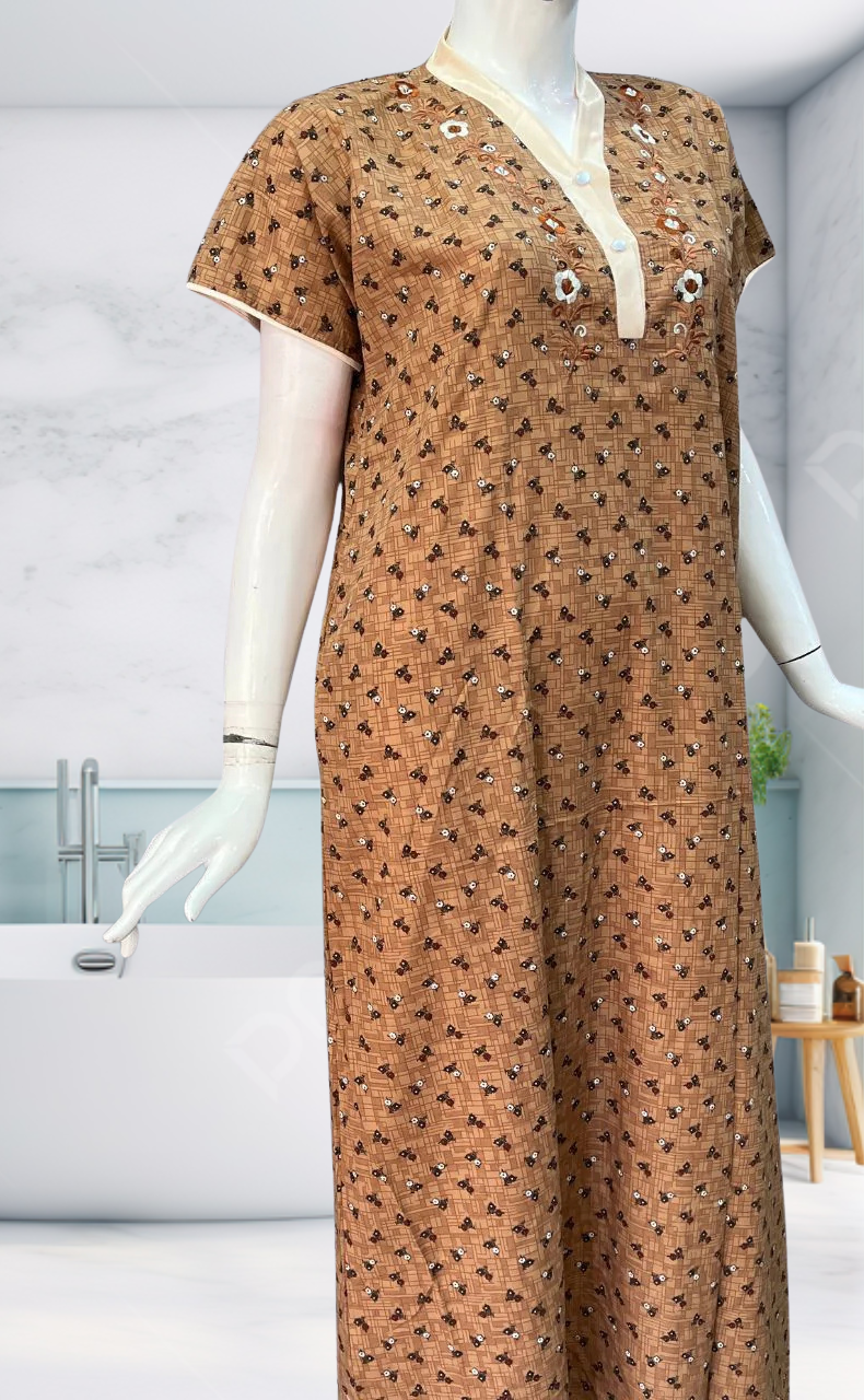 Beige Tiny Flora Soft Cotton Nighty. Soft Breathable Fabric | Laces and Frills - Laces and Frills