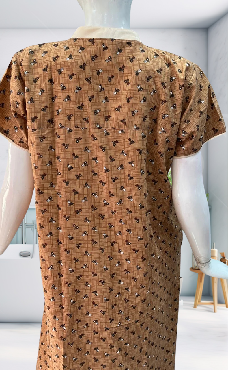 Beige Tiny Flora Soft Cotton Nighty. Soft Breathable Fabric | Laces and Frills - Laces and Frills