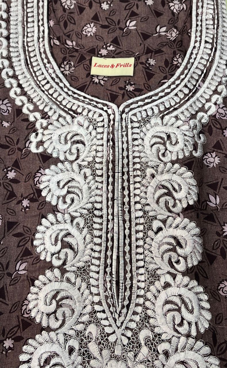 Brown Embroidery Soft Cotton Nighty. Soft Breathable Fabric | Laces and Frills - Laces and Frills