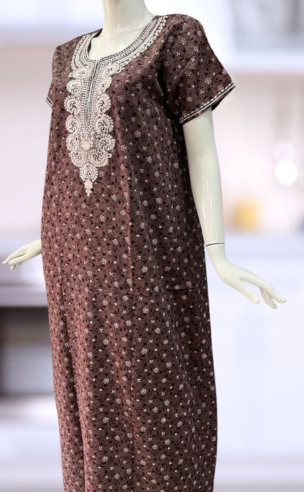 Brown/White Embroidery Soft Free Size Nighty . Soft Breathable Fabric | Laces and Frills - Laces and Frills