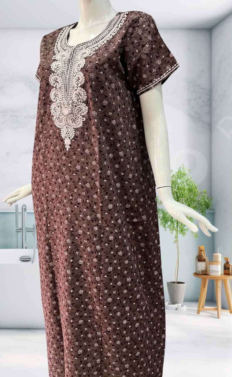 Brown Embroidery Soft Cotton Nighty. Soft Breathable Fabric | Laces and Frills - Laces and Frills