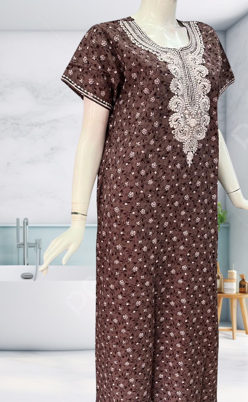 Brown Embroidery Soft Cotton Nighty. Soft Breathable Fabric | Laces and Frills - Laces and Frills