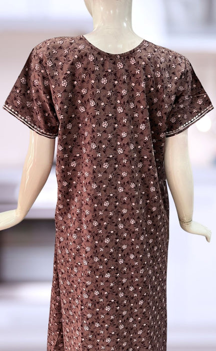 Brown/White Embroidery Soft Free Size Nighty . Soft Breathable Fabric | Laces and Frills - Laces and Frills