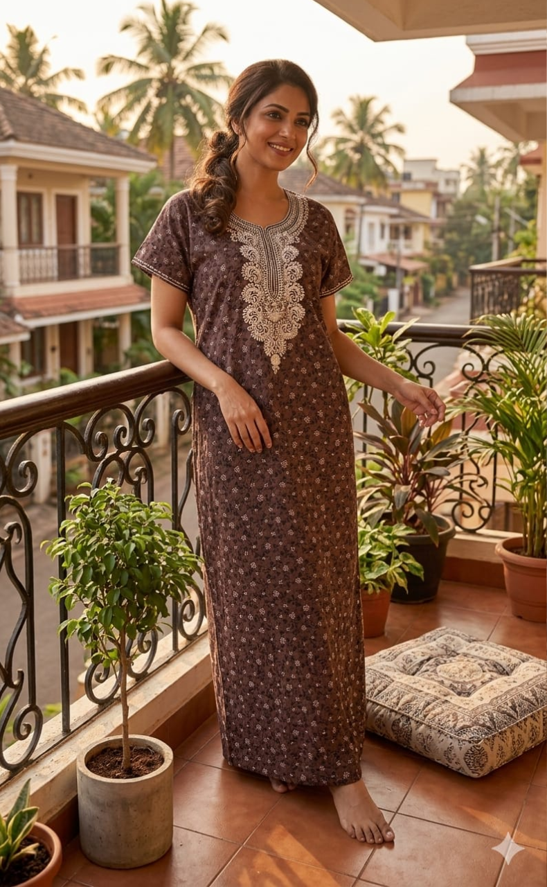 Brown Embroidery Soft Cotton Nighty. Soft Breathable Fabric | Laces and Frills - Laces and Frills