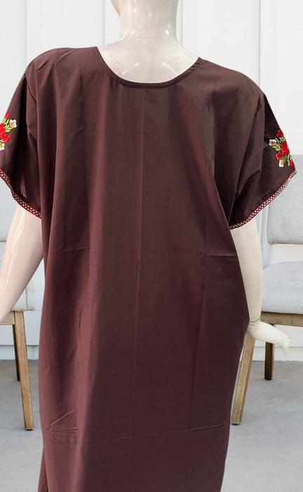 Dark Brown Parsi Embroidery Soft 3XL Nighty. Soft Breathable Fabric | Laces and Frills - Laces and Frills