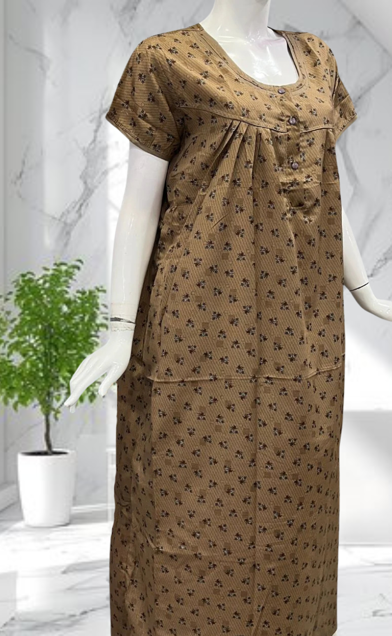Brown Tiny Flora Soft Cotton Nighty. Soft Breathable Fabric | Laces and Frills - Laces and Frills