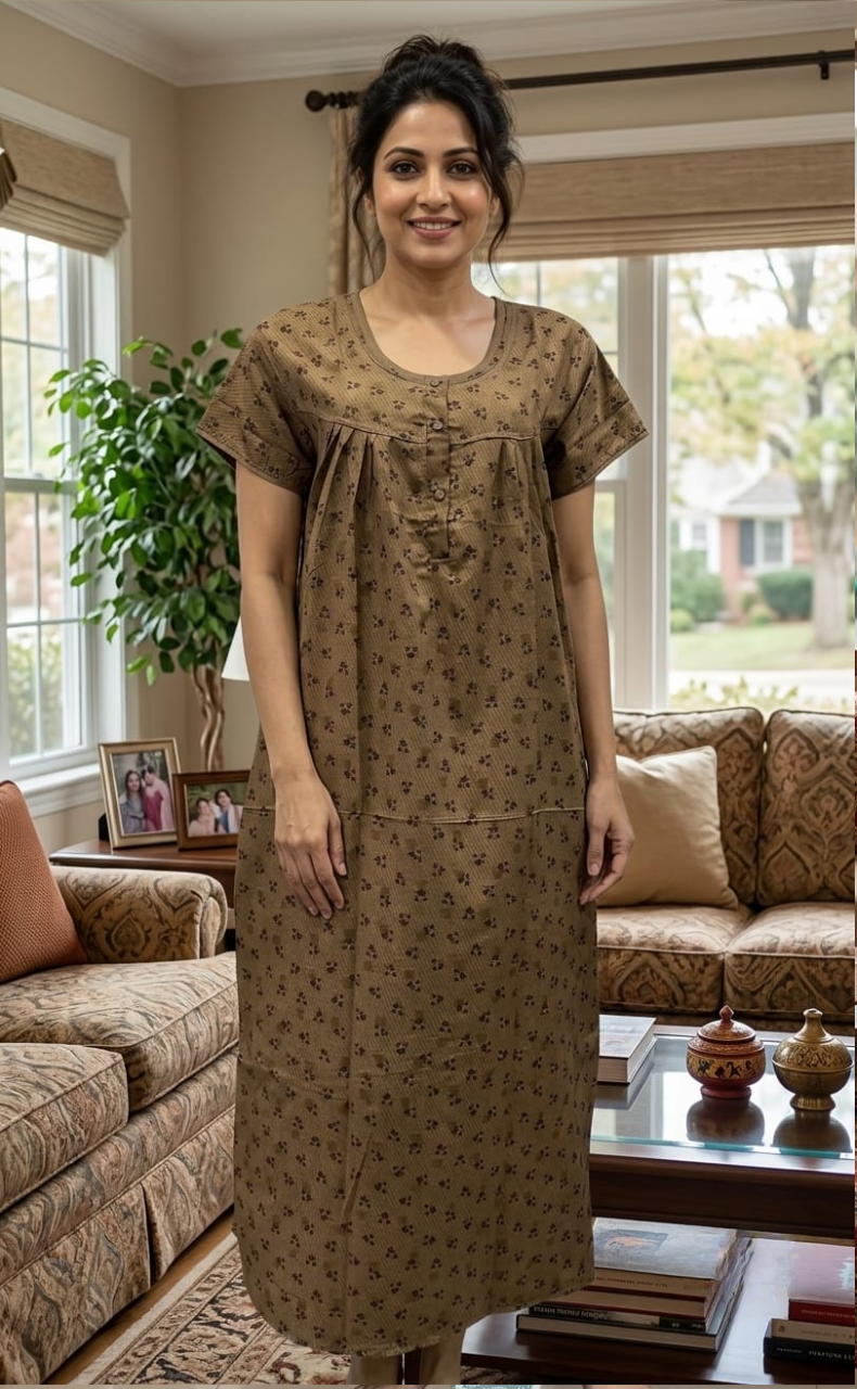 Brown Tiny Flora Soft Cotton Nighty. Soft Breathable Fabric | Laces and Frills