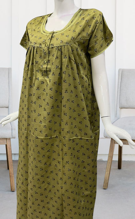 Olive Green Tiny Flora Soft Free Size Nighty  . Soft Breathable Fabric | Laces and Frills - Laces and Frills