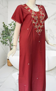 Onion Pink Embroidery Soft Cotton Nighty. Soft Breathable Fabric | Laces and Frills - Laces and Frills