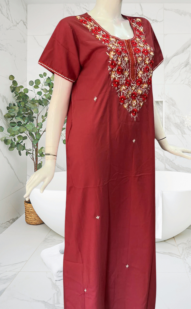 Onion Pink Embroidery Soft Cotton Nighty. Soft Breathable Fabric | Laces and Frills - Laces and Frills