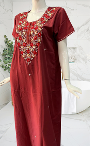 Onion Pink Embroidery Soft Cotton Nighty. Soft Breathable Fabric | Laces and Frills - Laces and Frills